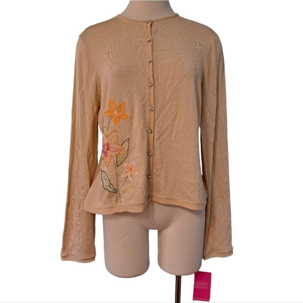 Vintage Intuitions Y2K Button Down Floral Stitch Lawn Party Cardigan XL Tan NWT